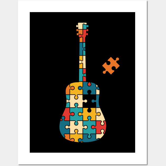 Retro Style Puzzle Acoustic Guitar Silhouette Wall Art by nightsworthy